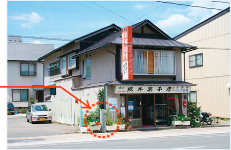 旧活版所跡の建物が菓子店に変わった「照井菓子店」と店先の石標