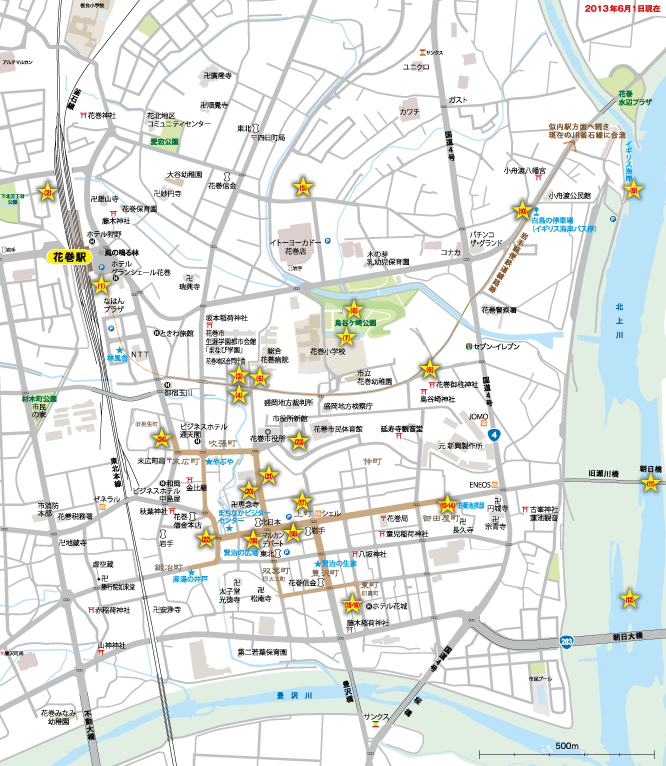 地図：現代の花巻中心市街地とその周辺